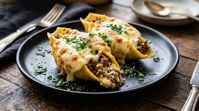 Large jumbo pasta shells stuffed with savory meat and cheese mixture garnished with fresh parsley and grated parmesan served on black plate for dinner service.