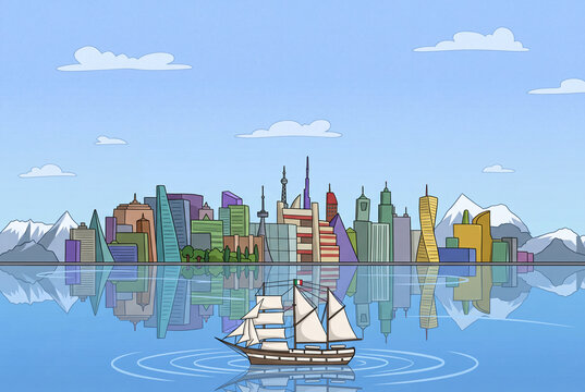 A modern city landscape overlooking the water, featuring buildings, skyscrapers, and a sailboat, all in shades of blue in a cartoon style
