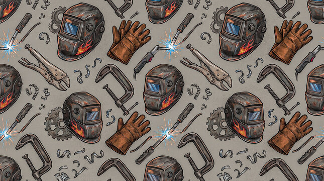 a repeating design showing welding shop tools with dark protective masks thick leather gloves glowing spark strikers and heavy metal clamps for a metal fabricator