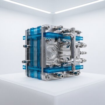 Fuel cell stack sits on a white surface as a central component for clean hydrogen energy technology.