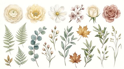 Fototapeta premium Watercolor set of botanical including cream roses, ferns, eucalyptus branches, autumn maple leaves, and wild grasses on white