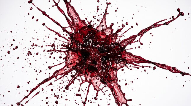 Dynamic red wine splash on white background, dark liquid splatter texture, abstract wine drop explosion for beverage marketing