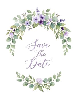 Watercolor save the date card with purple flowers, lavender sprigs, and green eucalyptus leaves in an oval wreath arrangement