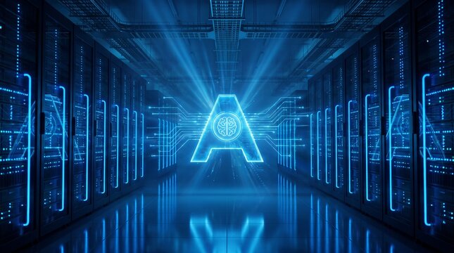 Glowing ai icon in a futuristic server room with blue lights with computer servers glowing rows computer icon center intelligence technology artificial database circuit with network