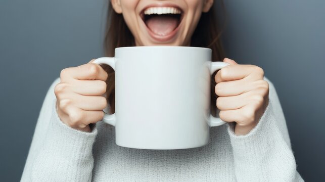 An excited woman holds a large coffee mug in her hands, with a wide smile and open mouth, showing her joy