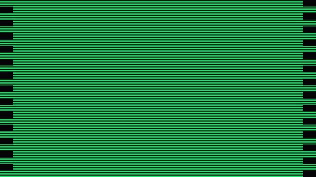 Green rectangular panels with black dashed borders move slowly across a black background
