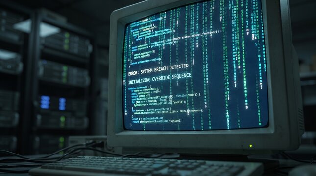 Computer screen displaying system breach detected error message in dark room with server racks background computer monitor initializing technology security keyboard override