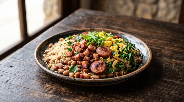 Minas Gerais Feij&atilde;o Tropeiro presented in premium editorial food photography on a rustic ceramic plate over a wooden table. Traditional Brazilian ingredients including beans, toasted cassava flour