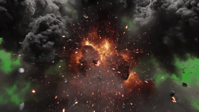 Explosion on Green Screen Background with Debris Flying.