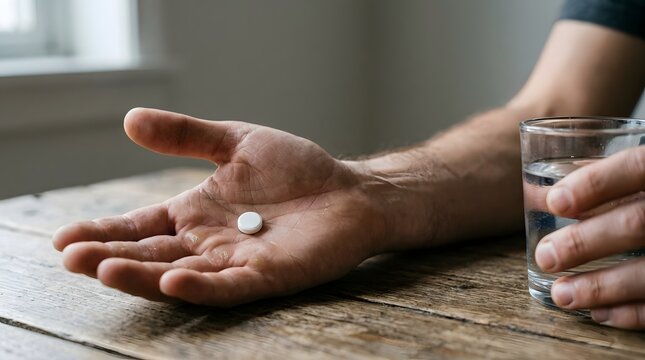 Person holding white pill and glass of water on wooden table.