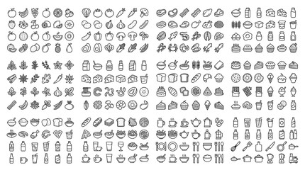 Food and drink editable line icon collection with nutrition cooking fruits vegetables desserts bakery meat and beverage vector symbols © Liton