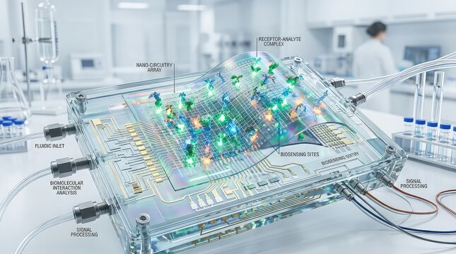 Futuristic biosensing membrane supported by transparent nanoelectronic circuitry detecting complex molecular interactions in a sterile biotechnology laboratory, 