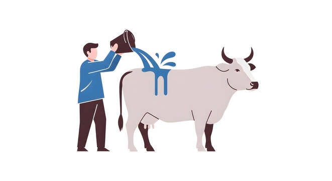 Farmer watering a cow with a bucket in a flat vector illustration