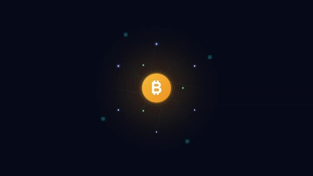 Glowing cryptocurrency coin symbol on dark blue background with digital network dots representing decentralized finance technology and virtual blockchain asset