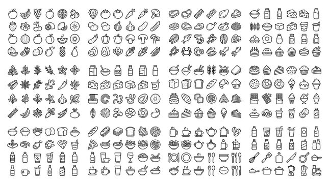 Food and drink editable line icon collection with nutrition cooking fruits vegetables desserts bakery meat and beverage vector symbols