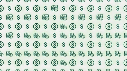 Fototapeta premium Seamless green dollar sign and stacked coin icon pattern representing financial growth, banking, and wealth accumulation