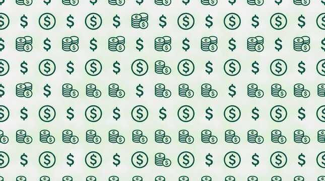 Seamless green dollar sign and stacked coin icon pattern representing financial growth, banking, and wealth accumulation