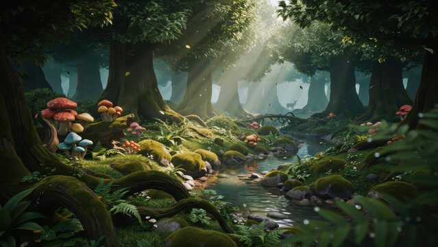 A magical forest scene with glowing mushrooms and a babbling stream