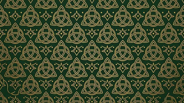 Ornate gold triquetra pattern on emerald green background