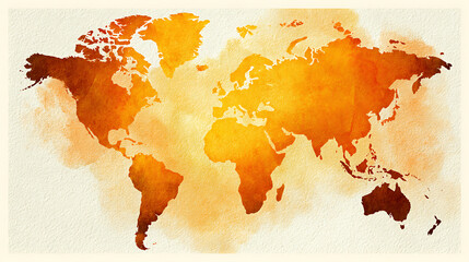 Watercolor world map illustration with continents and oceans featuring warm golden orange hues
