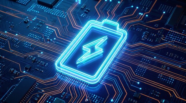 Glowing blue battery icon on a circuit board with neon lines with lines orange pathways icon dark electricity electronics technology innovation microchip computing with component