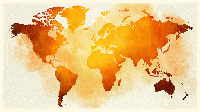 Watercolor world map illustration with continents and oceans featuring warm golden orange hues