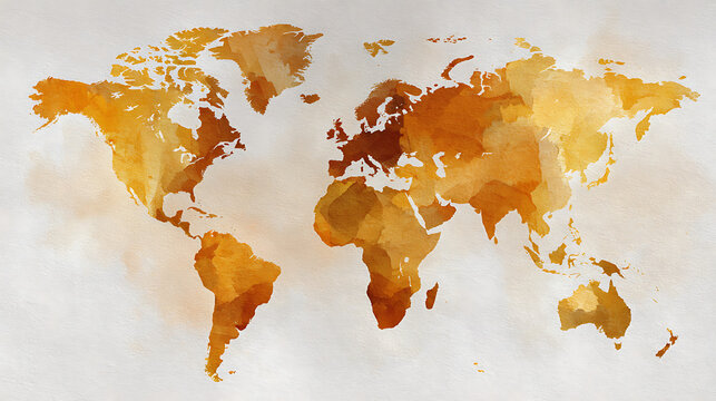 Watercolor world map illustration with golden brown hues on a white background global