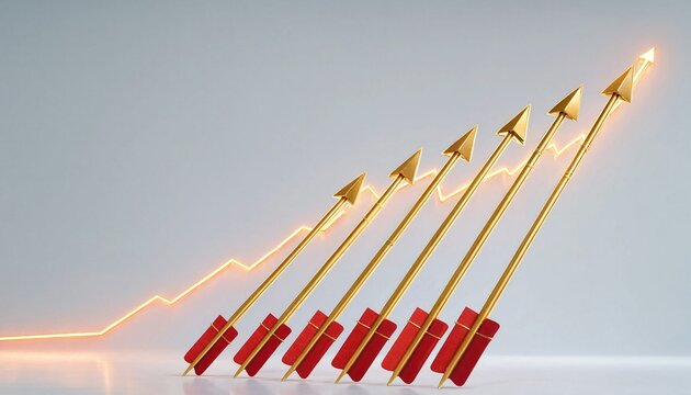 Golden arrows illustrating growth rising above red bars in a financial concept