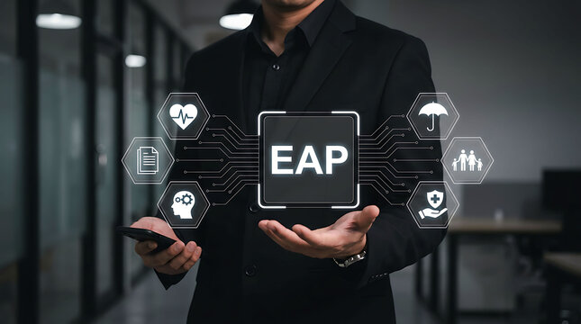 Businessman holding phone with employee assistance program EAP interface setup