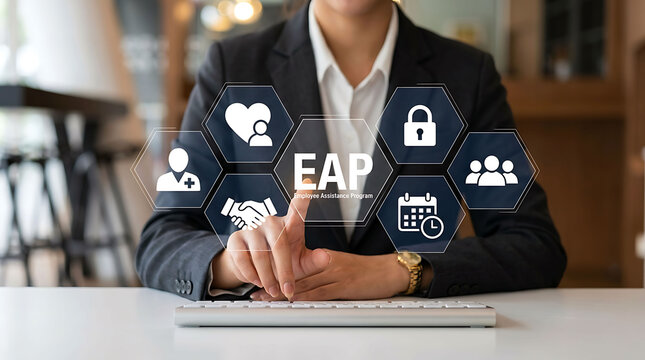 Businesswoman pressing employee assistance program EAP virtual icon interface