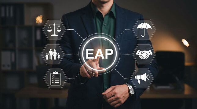 Businessman pressing virtual employee assistance program EAP interface button