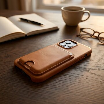 Brown leather smartphone case with card holder on a dark wooden desk with coffee cup and open notebook. leather iphone case
