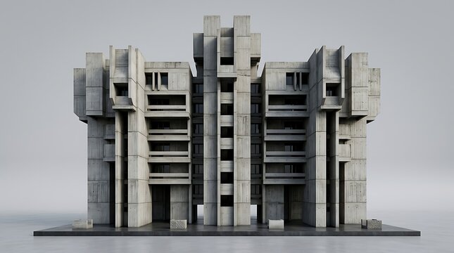 Brutalist concrete building with geometric architectural design