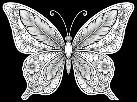 Butterfly wing zentangle coloring page with intricate feathers, floral motifs, paisley details, and decorative geometric patterns