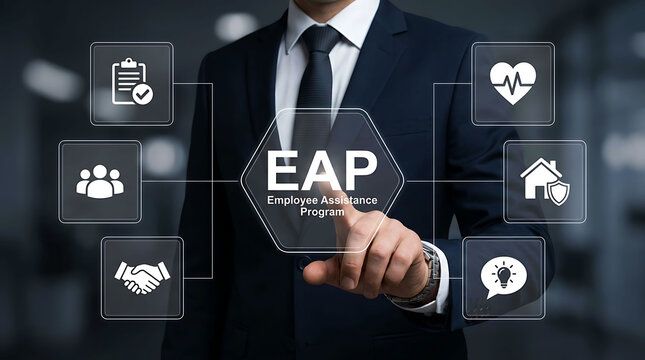 Businessman pressing employee assistance program EAP virtual digital interface