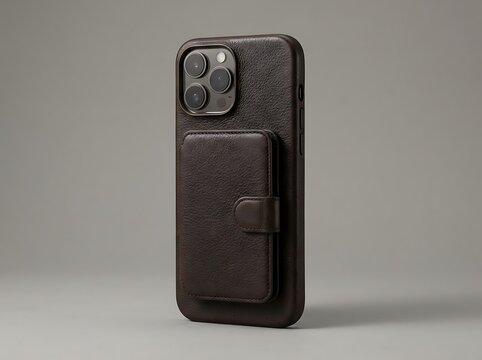Black leather smartphone case with magnetic card holder attachment on a modern mobile device. leather iphone case