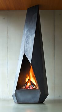 Modern steel fireplace with burning logs minimalist design contemporary interior architectural detail warm ambiance