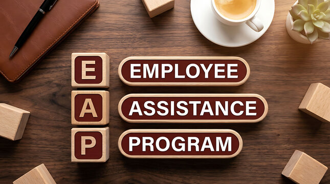 EAP Employee Assistance Program acronym on wooden blocks with office desk background