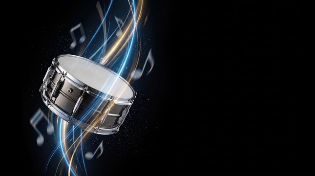 Metallic snare drum with glowing light trails and copy space on dark background