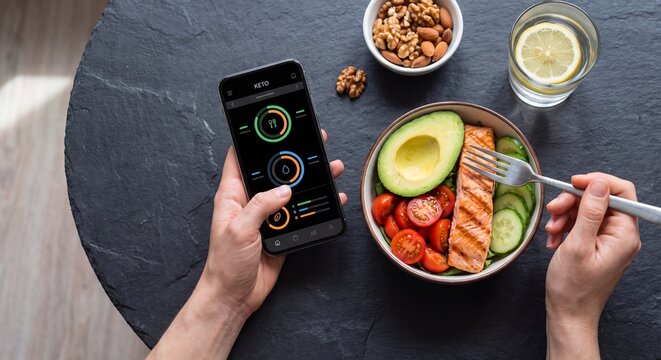 Keto diet tracking and healthy lifestyle concept with flat lay hands using smartphone app while eating salmon avocado bowl