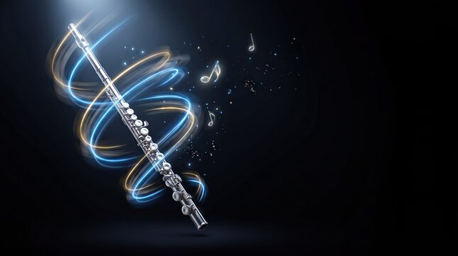 Silver transverse flute surrounded by spiraling glowing light trails and copy space on dark background