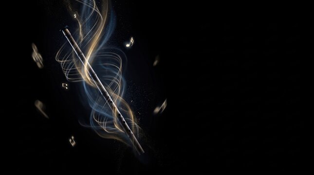 Traditional reed ney flute with glowing spiraling light trails and copy space on dark background