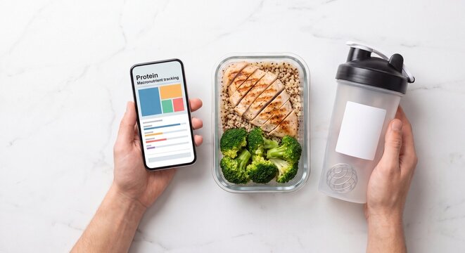 Healthy fitness diet and macronutrient tracking concept with meal prep container of grilled chicken, quinoa, broccoli, smartphone and protein shaker