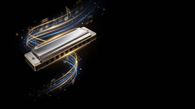 Metallic harmonica mouth organ with glowing light trails and copy space on dark background