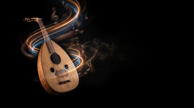 Traditional oriental wooden oud instrument floating with glowing light trails and copy space on dark background