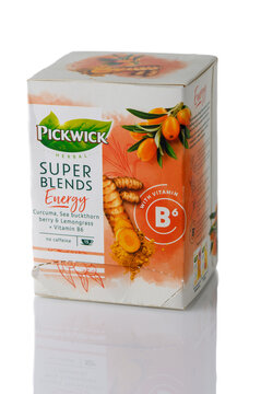 April 27, 2026, Tbilisi, Georgia Pickwick Super Blends Energy Herbal Tea with Turmeric Sea Buckthorn and Lemongrass Box Isolated on White