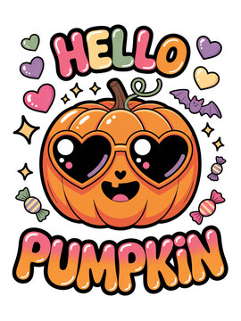 A cartoon pumpkin with heart-shaped sunglasses greets enthusiastically. Surrounded by colorful hearts and candies
