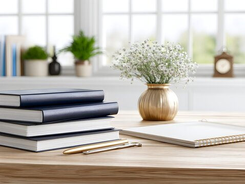 Stack of notebooks and a vase with white flowers on a wooden table by a bright window