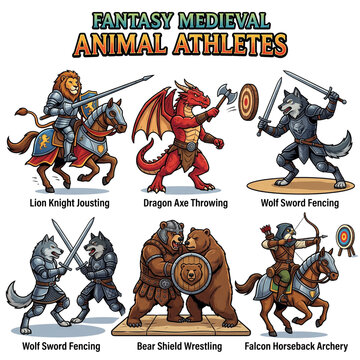 Fantasy medieval animal athletes jousting dragon axe throwing wolf fencing bear wrestling falcon archery isolated on transparent background