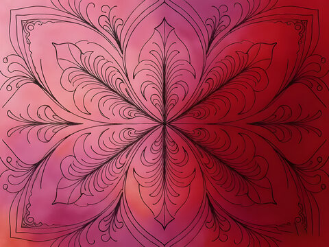  zentangle background with abstract geometric petals, fine line ornaments, and circular symmetry, gradient blend of rose pink, magenta, and crimson red